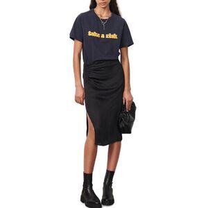 ba&sh Matthews Skirt Women's 1 Black Satin Midi Ruched Pleated Slit Button